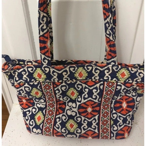 VERA BRADLEY SHOULDE BAG Colorful Pattern ORANGE NAVY WHITE YELLOW TOTE - Picture 1 of 9